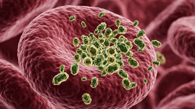 Highly detailed microscopic animation of red blood cells showing bacterial invasion ideal for medical presentations and healthcare marketing materials