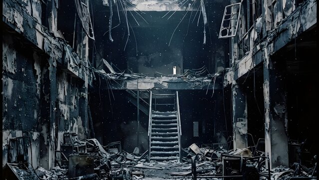 화재로 인해 폐허가 된 어두운 실내 공간과 계단 구조물 배경
Dark interior space and stair structure background ruined by fire