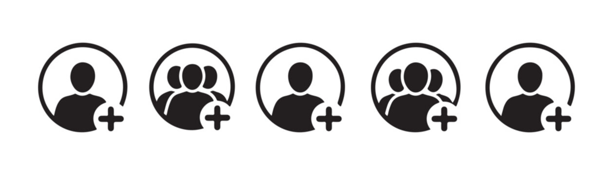 Black user profile icons with add friend plus symbol for social media networking and account management.