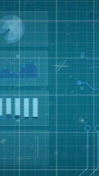 Animation of pizza icons over financial data processing on blue background