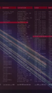 Light streaks highlighting digital data table with user information and network details