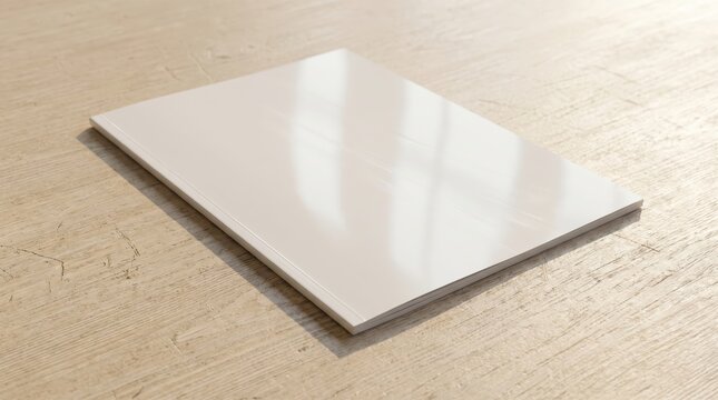 Blank white book cover mockup on light wooden table surface