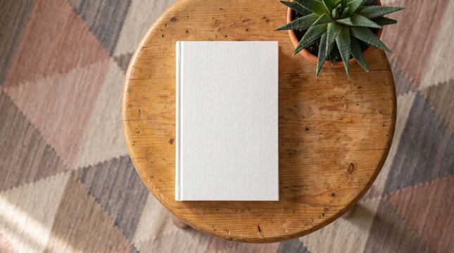 Blank white hardcover book mockup on round wooden stool with succulent plant