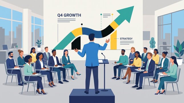 Business presentation with growth chart and diverse audience in a modern office setting