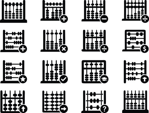 Abacus and math calculation icon set in solid black style