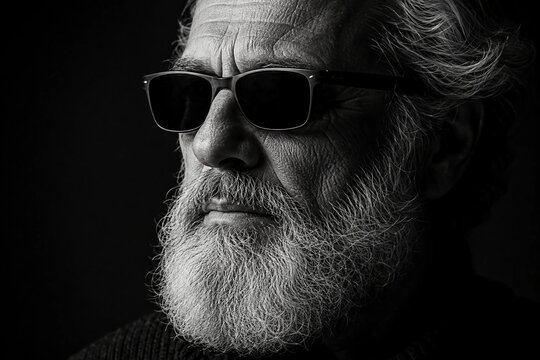 Dramatic black and white close-up portrait of a distinguished senior man with long flowing white beard, dark sunglasses, and weathered characterful face

