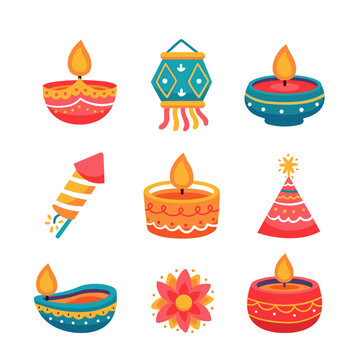 Vector flat design illustration of Diwali festival elements with oil lamps and firecrackers
