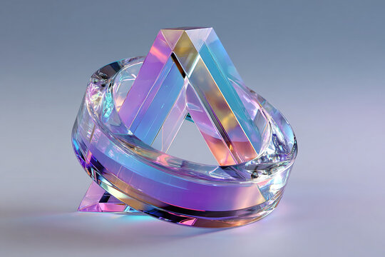 Iridescent pentagram chrome abstract shape, 3d rendered geometric object, rainbow triangle ring glass illustration with background copy space for presentation slides or book covers