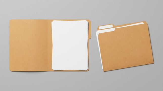 Open and closed kraft paper file folders with blank document sheets mockup