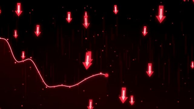 Red Curved Downward Arrow Trend Animation on Dark Financial Background