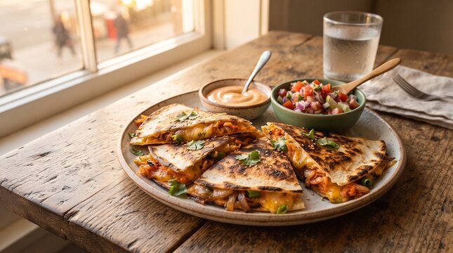 Golden Grilled Quesadillas Filled with Melted Cheese, Shredded Chicken, and Caramelized Onions, Served with Creamy Sauce and Fresh Pico de Gallo