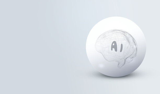 Futuristic 3D ball featuring a wireframe human brain and AI symbol, representing artificial intelligence, digital thinking, innovation and advanced science technology. Vector illustration.