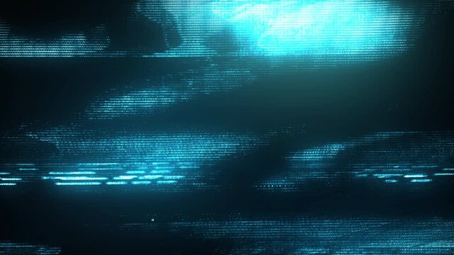 Abstract dark blue digital glitch background with light streaks.
