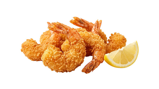 Crispy fried shrimp with golden breading, crunchy panko prawns with lemon wedge, deep fried seafood appetizer on white background