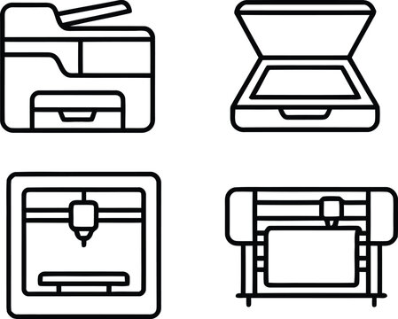 Office equipment and printing vector set, line icons of multi-function printer, flatbed document scanner, 3d printer technology, and large format plotter