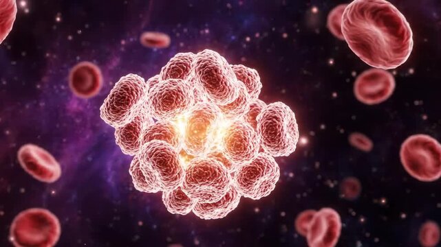 Stunning 3D animation of malignant cancer cells aggressively interacting with red blood cells ideal for medical education presentations and healthcare marketing campaigns.
