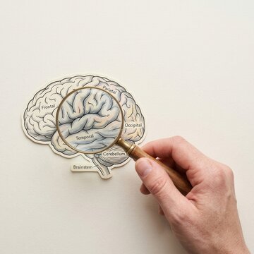 Magnifying Glass Examines Human Brain Anatomy Diagram Close Up