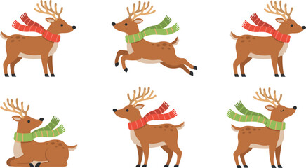  Flat design Christmas reindeer vector character set showing cute cartoon deer wearing red and green winter scarves on white background © tuzam