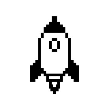 Retro pixel art rocket vessel icon.