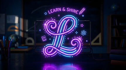 Fototapeta premium Neon Light Letter L with Learn & Shine Message in Dark Background