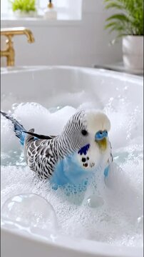 A cute blue budgie sits in soft bath foam surrounded by soap bubbles in a bright bathroom. Pet hygiene and bird care concept. Parrot in the bathroom.