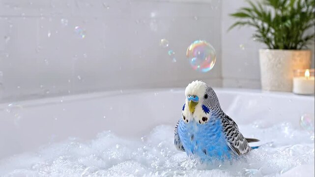 A blue budgie bathes in foamy water, shaking off wet feathers with splashes and bubbles in a bright bathroom. Concept of hygiene and care for birds. Parrot in the bathtub, parrot bathing.