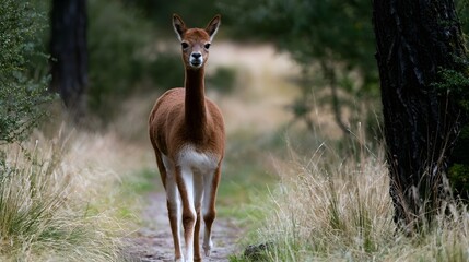 Obraz premium A young alpaca stands alert on a forest trail surrounded by tall grass and trees gazing directly at the viewer with calm curiosity