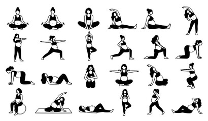 Fototapeta premium Prenatal Yoga Icon Set with Pregnant Woman Exercise Meditation and Stretching Poses Vector Illustration