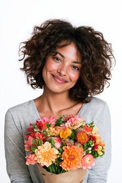 Portrait of a smiling African American woman holding a colorful bouquet against a solid blue backdrop