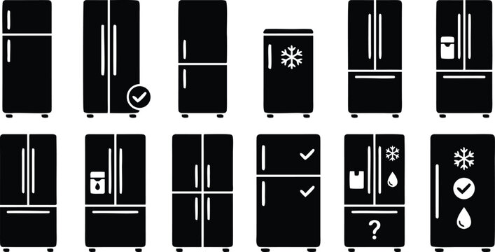 Refrigerator and fridge freezer icon set in black silhouette