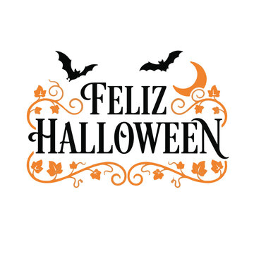Feliz Halloween, ilustraci&oacute;n de vector con murci&eacute;lagos, luna y hojas, dise&ntilde;o tipogr&aacute;fico elegante y tr&aacute;gico para tarjetas, invitaciones y decoraci&oacute;n festiva oto&ntilde;al en naranja y negro