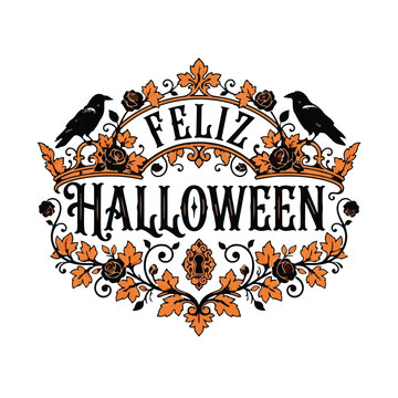 Feliz Halloween emblema vectorial. Dise&ntilde;o vintage con cuervos. Hojas de oto&ntilde;o naranjas y rosas. Tipograf&iacute;a g&oacute;tica y ornamentos. Marca de agua para fiesta y festival.