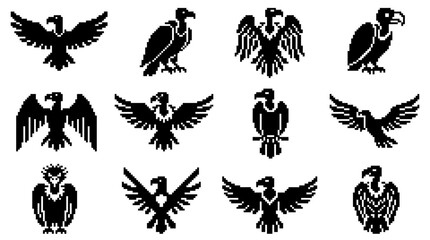 Obraz premium Set of black and white pixel art vulture and eagle icons
