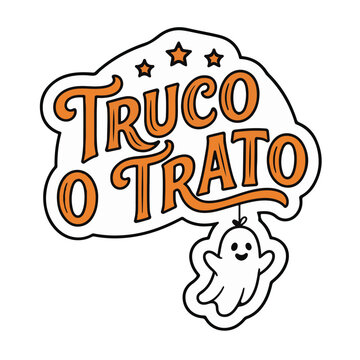 Truco o trato, letrero de Halloween con fantasma tierno, dise&ntilde;o vectorial naranja y blanco para pegatinas y decoraci&oacute;n