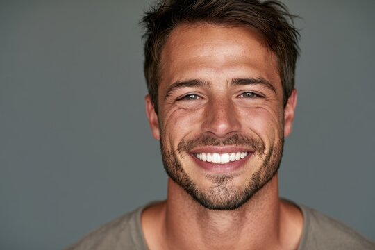 Professional portrait: young man with natural smile and pristine teeth in a soft-lit studio