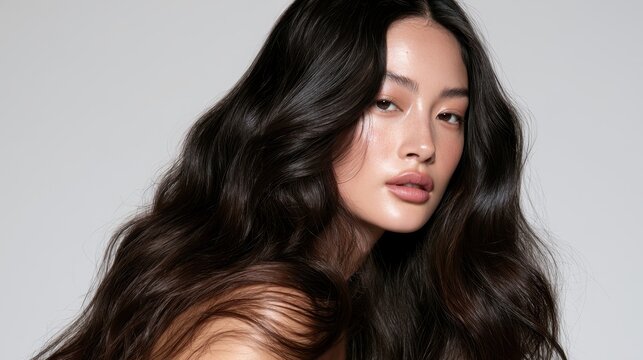 Profile portrait of a beauty model with long glossy wavy hair and refined makeup