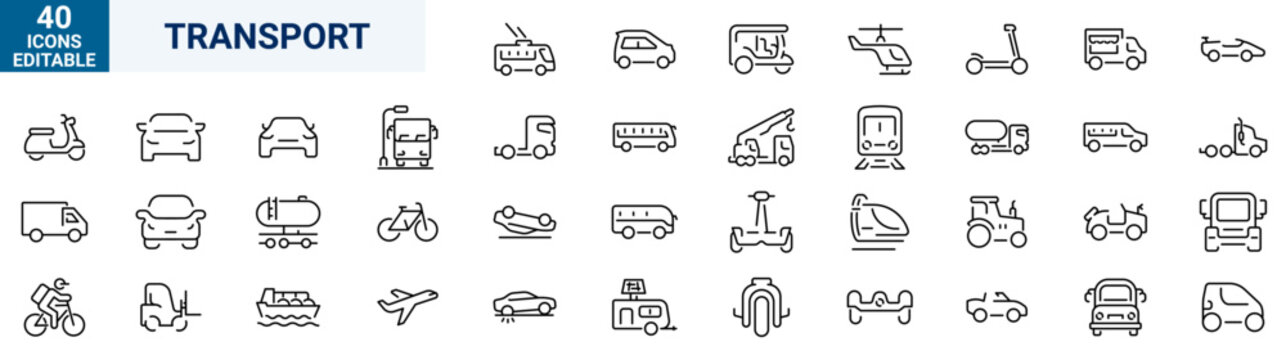 Transport line icons set. Containing car, bike, plane, train, bicycle, motorbike, bus and scooter. Editable stroke. Vector illustration