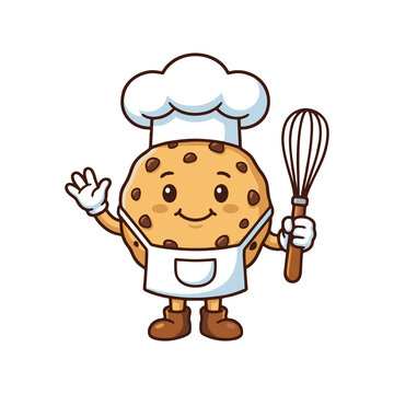 Cute chocolate chip cookie chef mascot character waving and holding a whisk wearing apron and chef hat