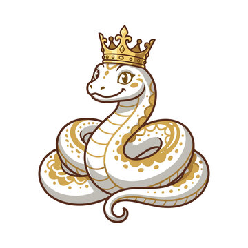 Cute white snake wearing a golden crown coiled mascot character