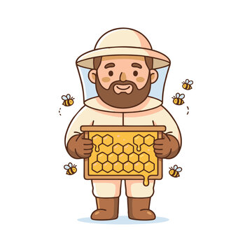 Beekeeper man holding a honeycomb frame with bees mascot character