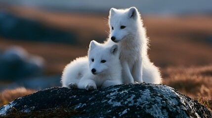 Obraz premium Two white foxes rest together on a rocky outcrop in a vast softly lit natural landscape during golden hour