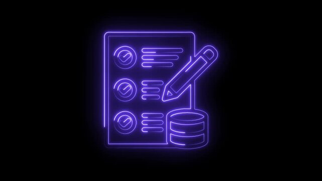 Neon purple checklist icon with pencil and database symbol on black background for task