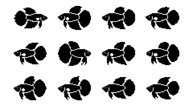Siamese fighting fish pixel art sprites in various swimming poses.