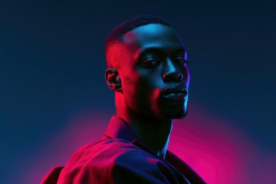 Retro synthwave portrait of a stylish African man under neon studio lights