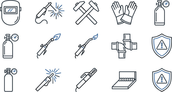 Welding and metal fabrication line icon set featuring helmet torch gas cylinder gloves sparks and pipes