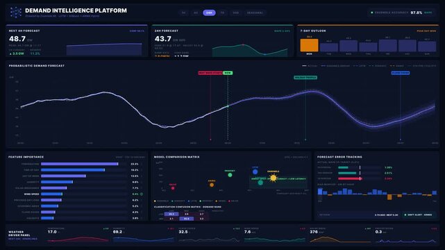 Explore an AI-powered electricity demand forecasting dashboard featuring dark academia aesthetics, data visualizations, and intricate design elements for advanced analytics and insights.
