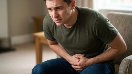 Fototapeta premium Man Experiencing Discomfort With Hands Clutched To His Stomach