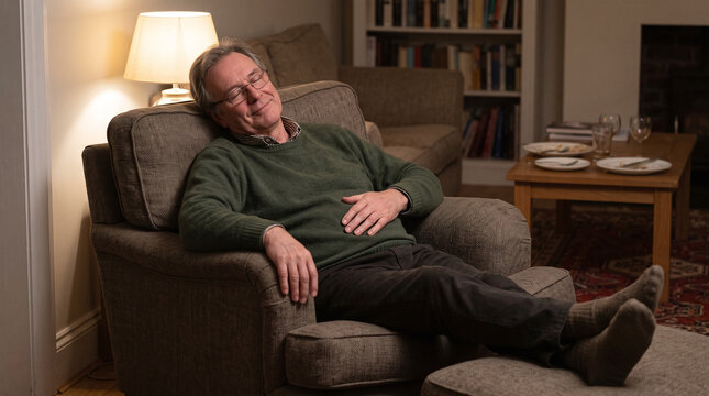 Man dozing in armchair after big Thanksgiving meal