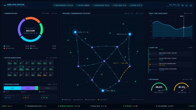 A hyper-realistic 4K Smart Grid Operations Dashboard featuring dark mode design with interactive elements, vibrant colors, and detailed metrics for energy management.