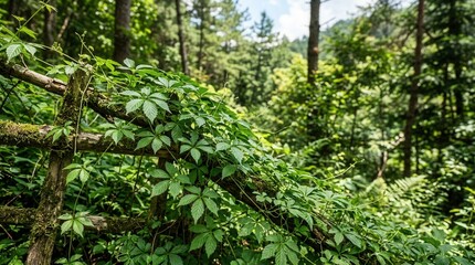 Fototapeta premium Lush Green Vines Overgrowing Rustic Wooden Fence In Verdant Forest Landscape